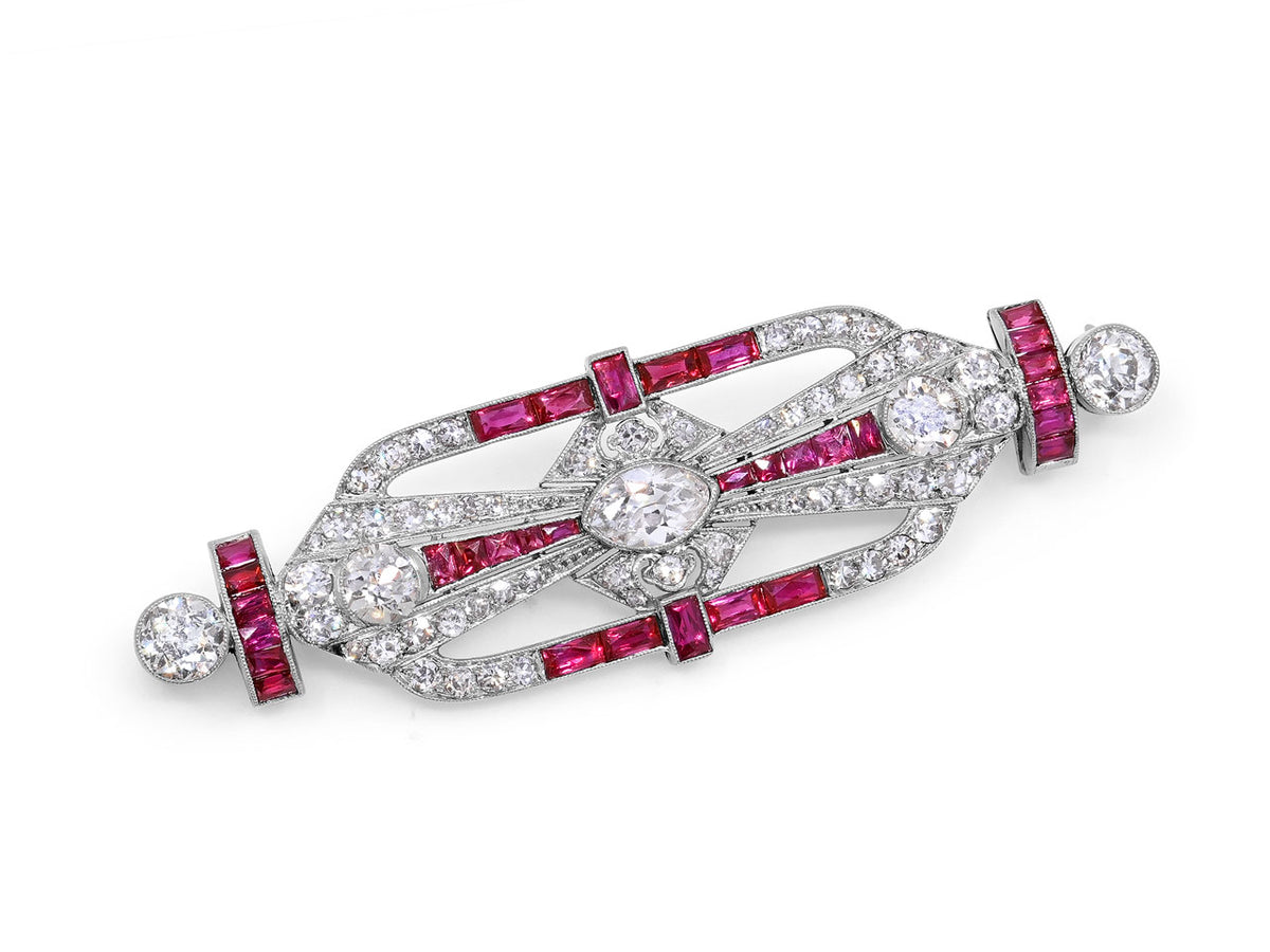 Art Deco platinum brooch with rubies and diamonds