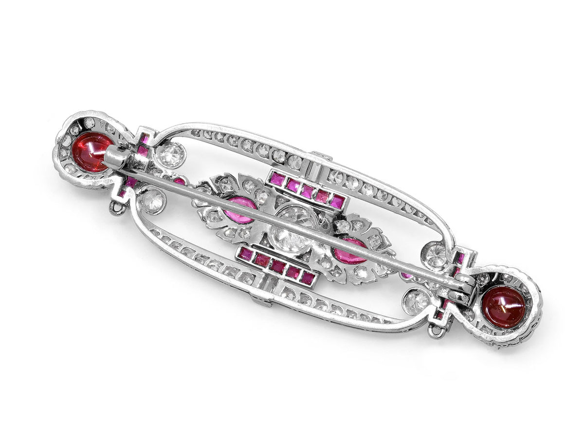Reverse view of an Art Deco platinum brooch with rubies and diamonds