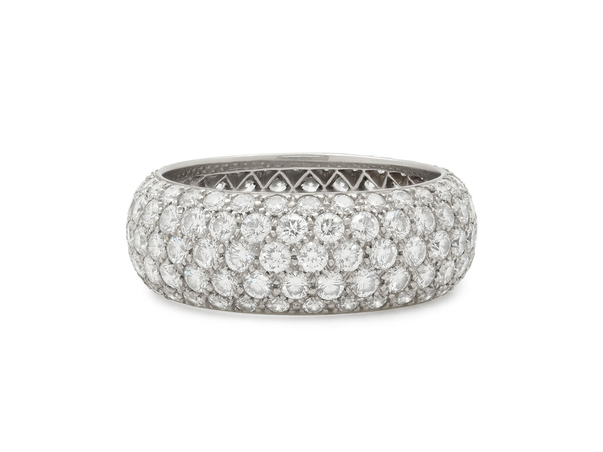 Platinum domed band ring with five rows of pave diamonds