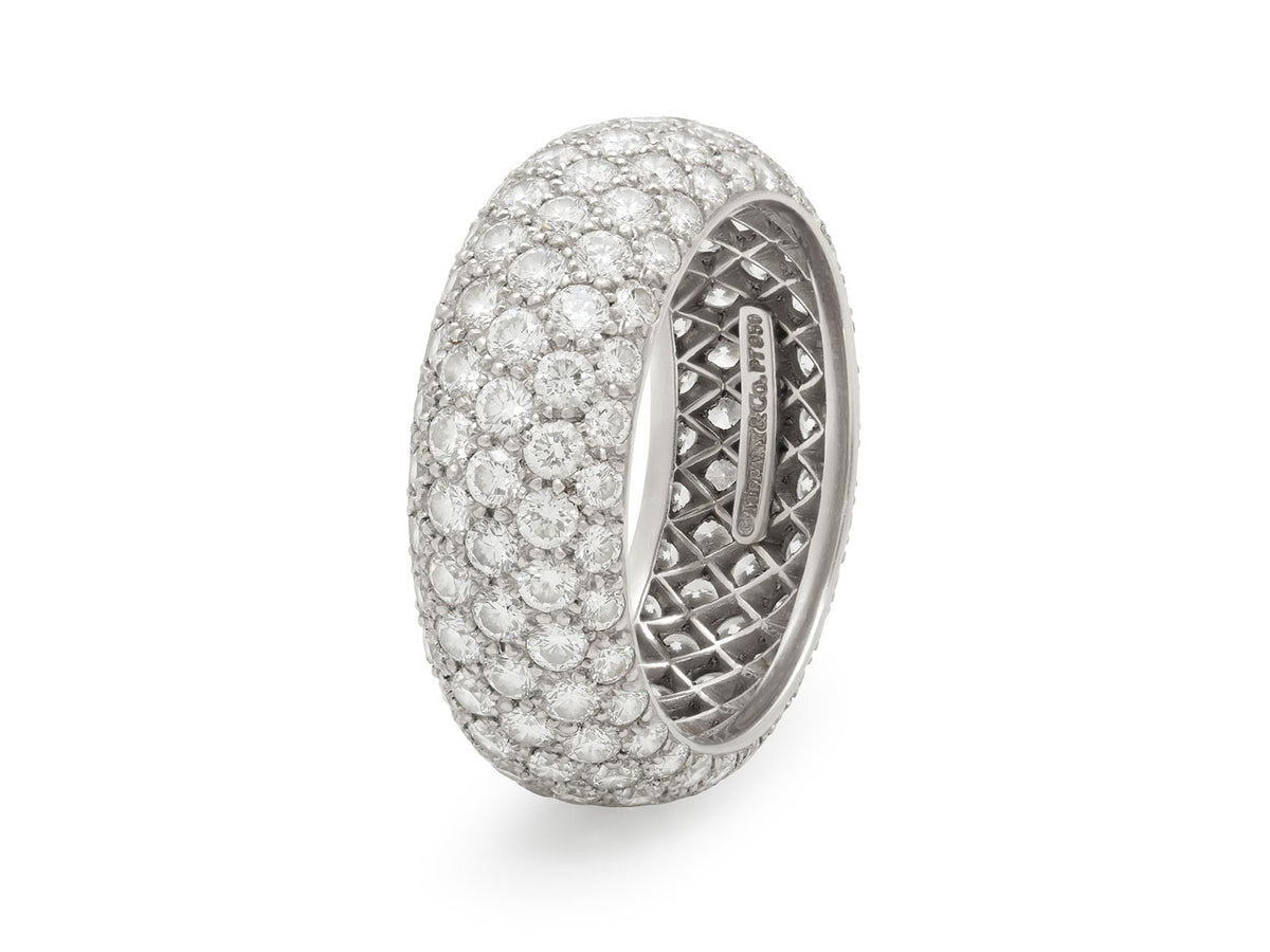 Platinum diamond band ring with five rows of pavé diamonds