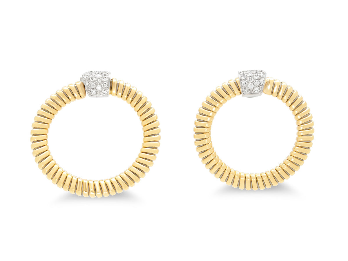 Pair of gold tubogas hoop earrings with diamond set tops