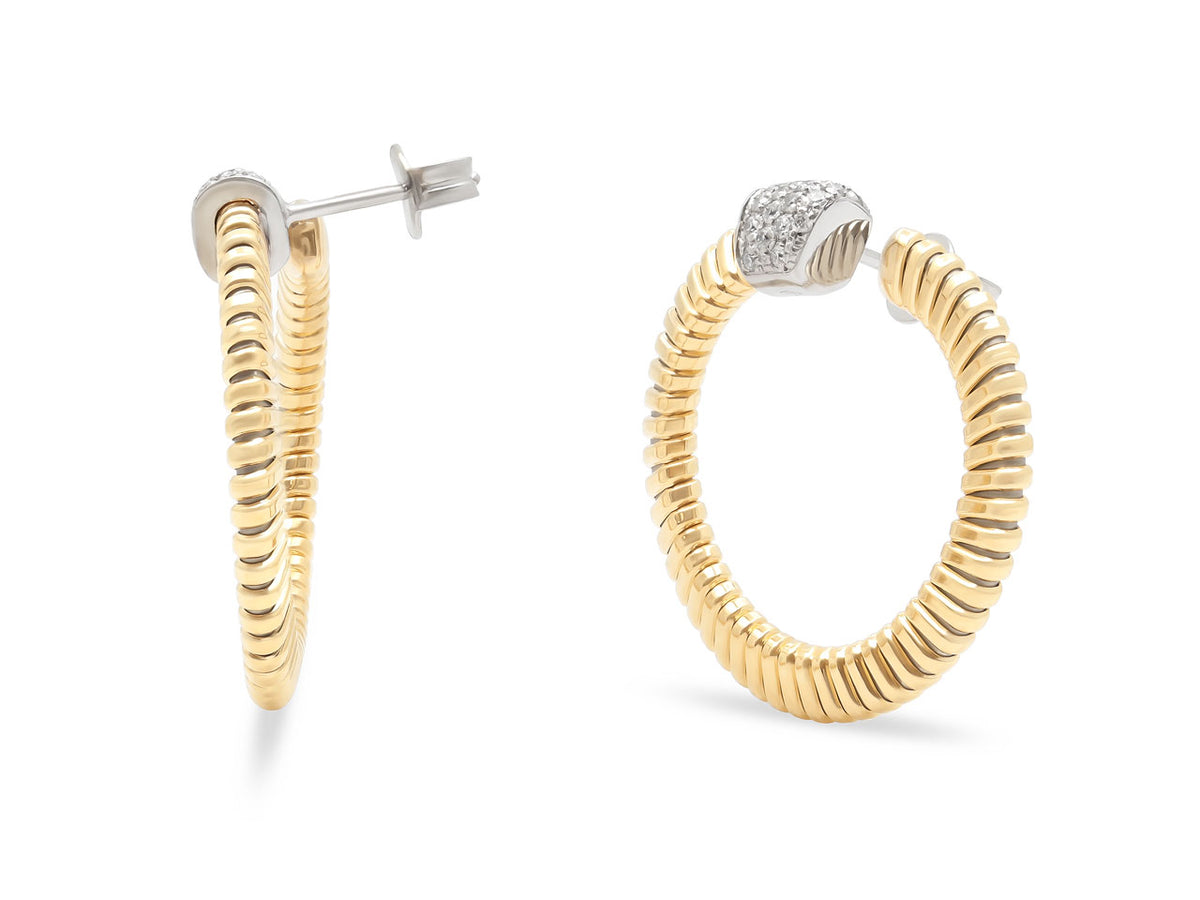 18k gold tubogas hoop earrings with diamond set tops