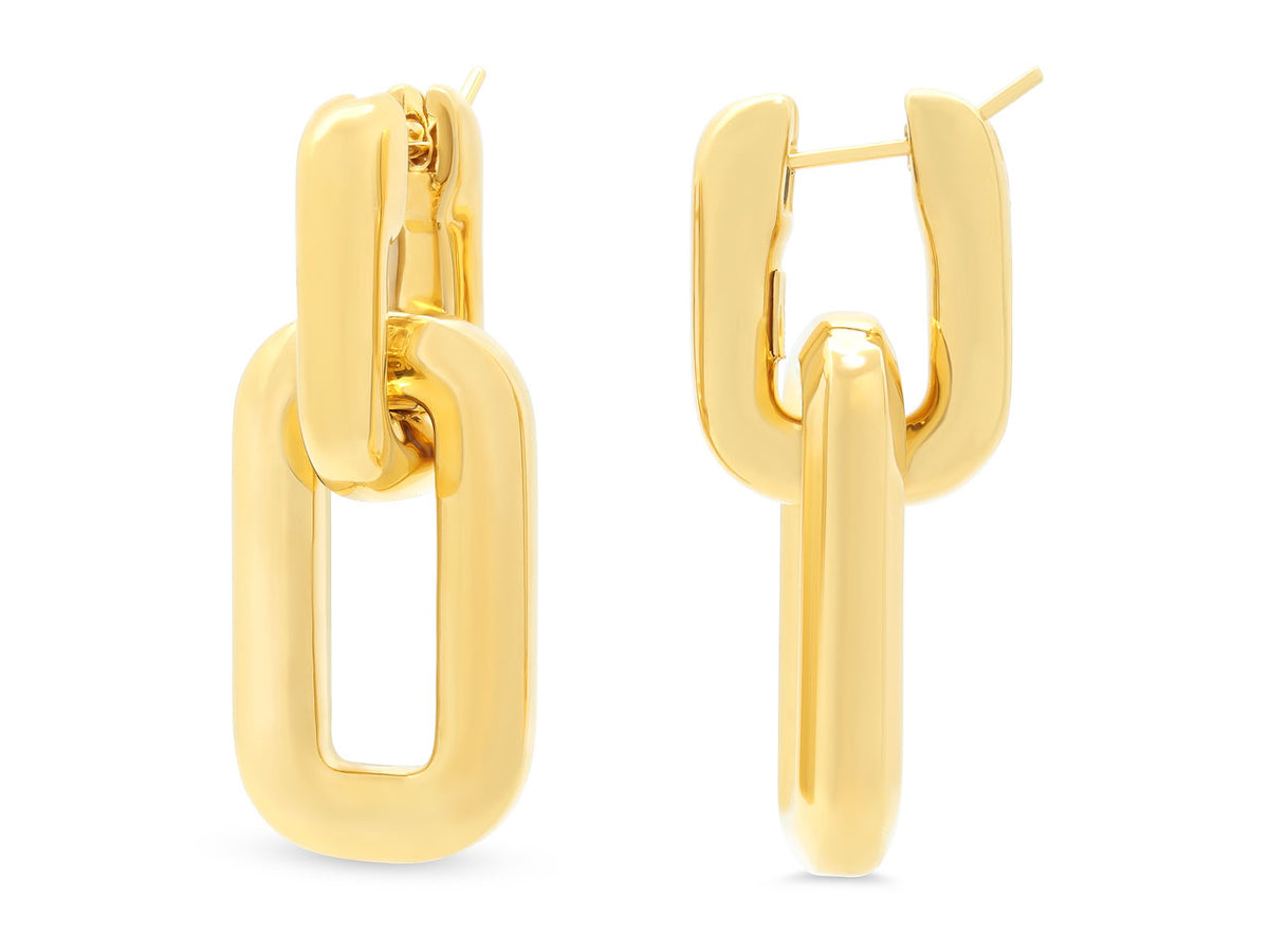Polished 18k yellow gold rectangular link earrings