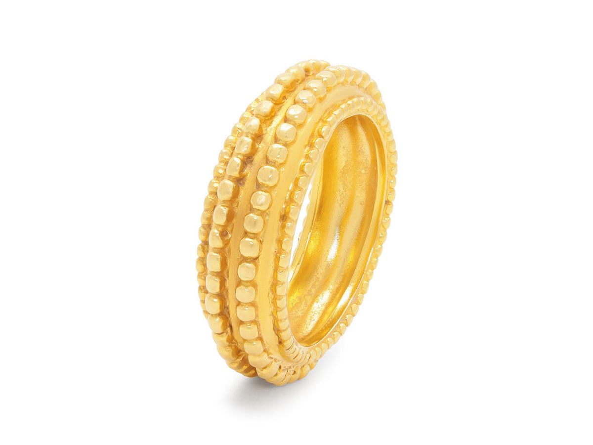 Domed 22K yellow gold ring with beaded borders
