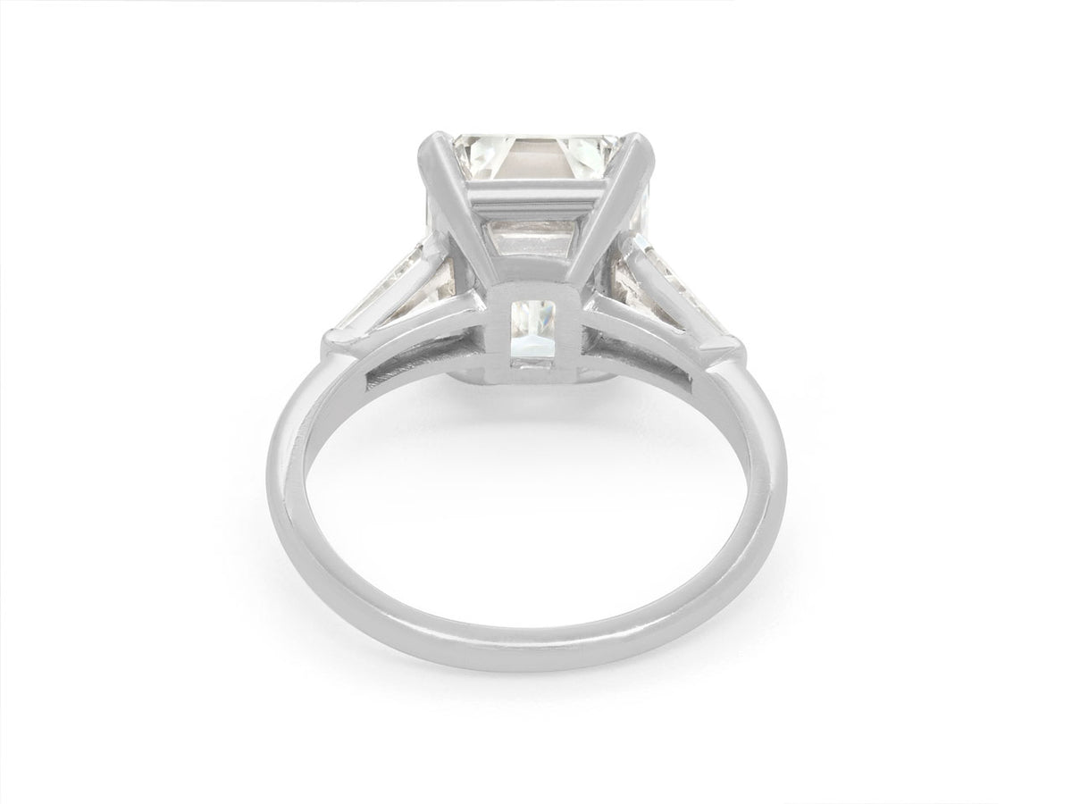 Rear view of platinum emerald cut diamond ring