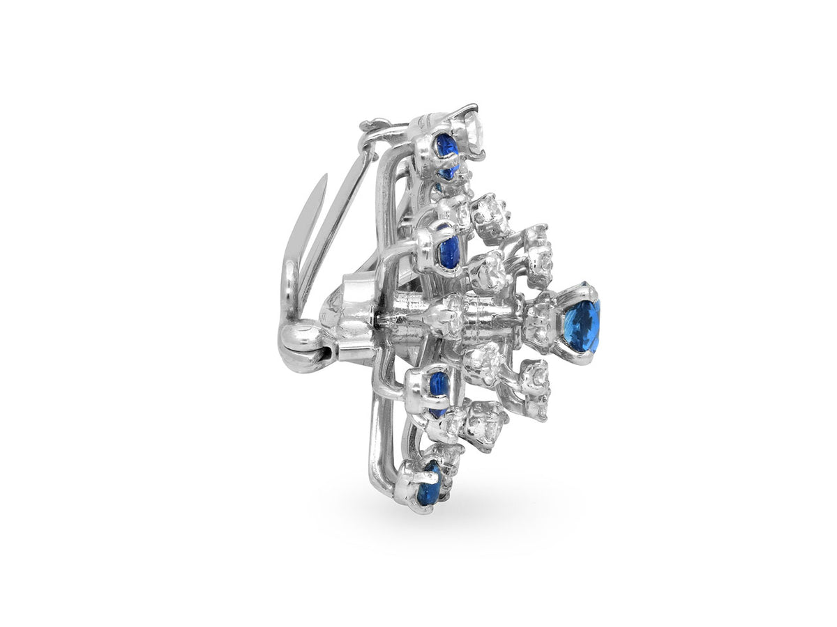 Platinum diamond and sapphire flower brooch side view