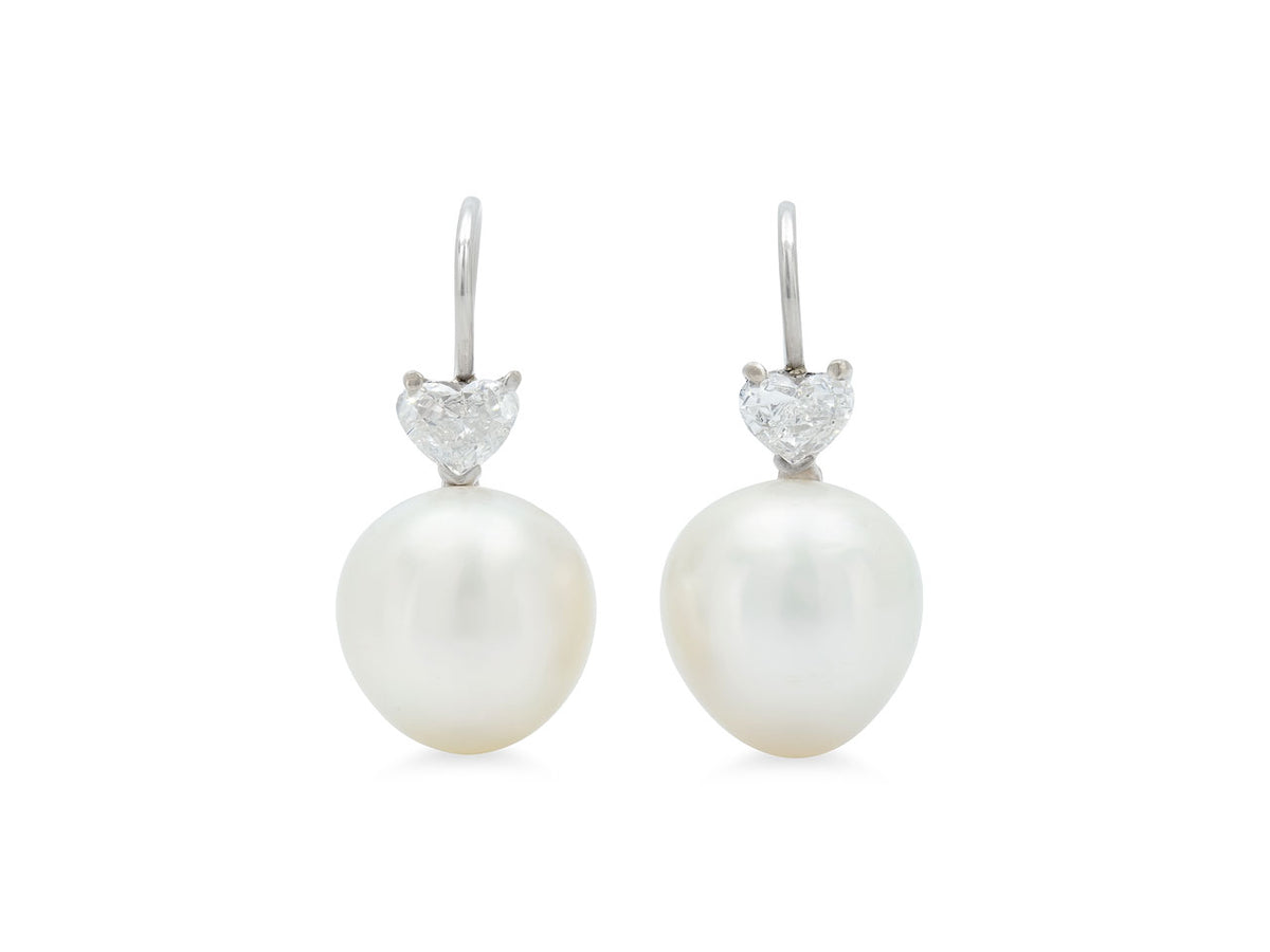 Heart diamond and pearl earrings with platinum hooks