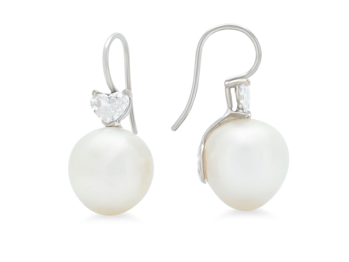 Heart diamond and pearl earrings with platinum hooks