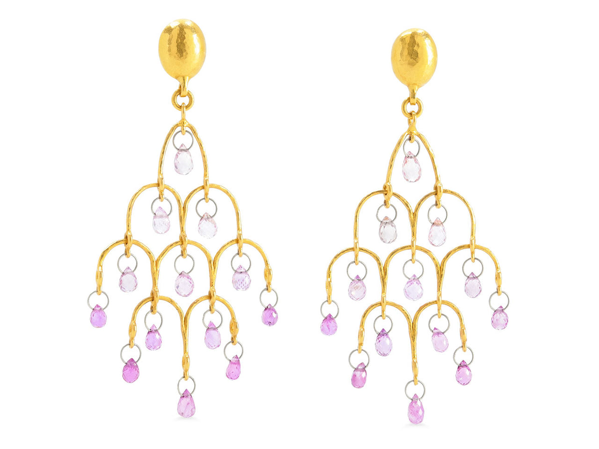 Pink sapphire briolette chandelier earrings in gold