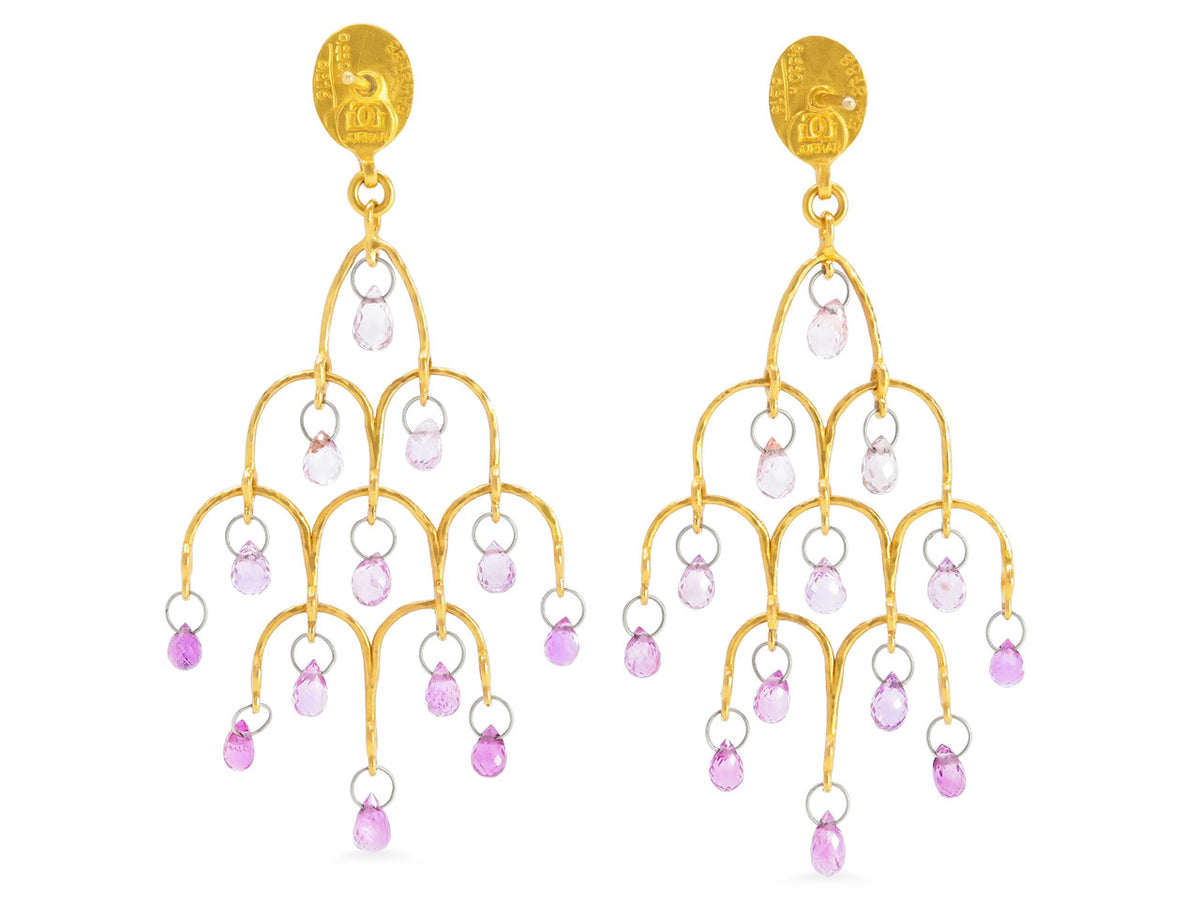 Gold chandelier earrings with pink sapphire drops