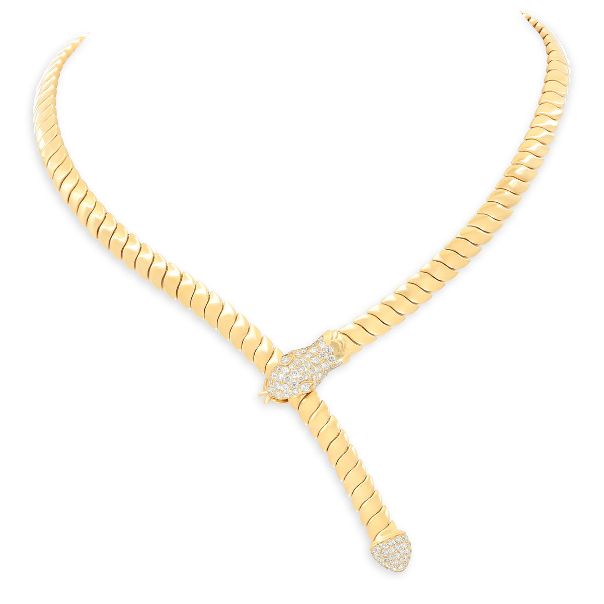 18K gold snake necklace with pavé diamond head and tail