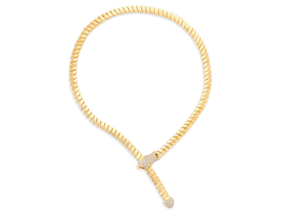 18K gold snake necklace with diamond head and tail