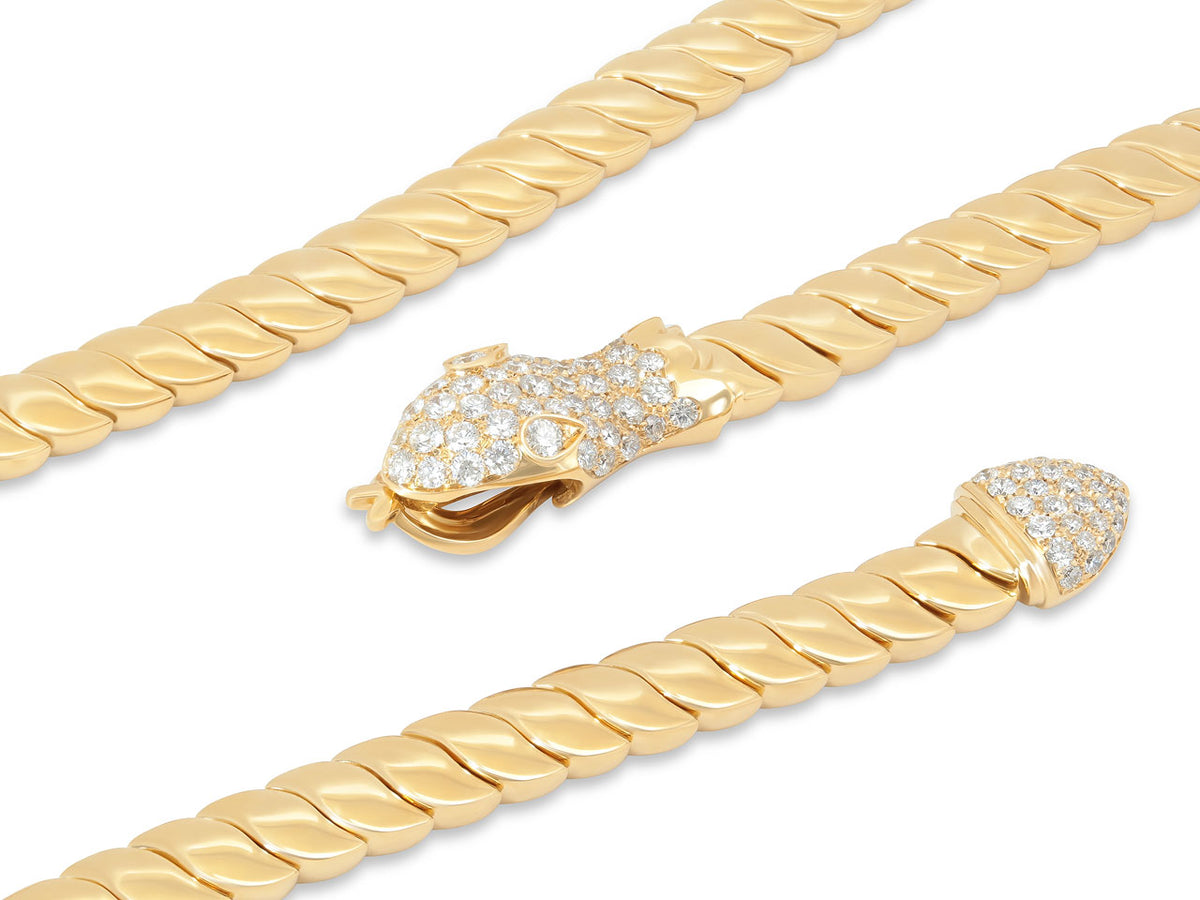 Pavé diamond snake necklace in polished 18K yellow gold
