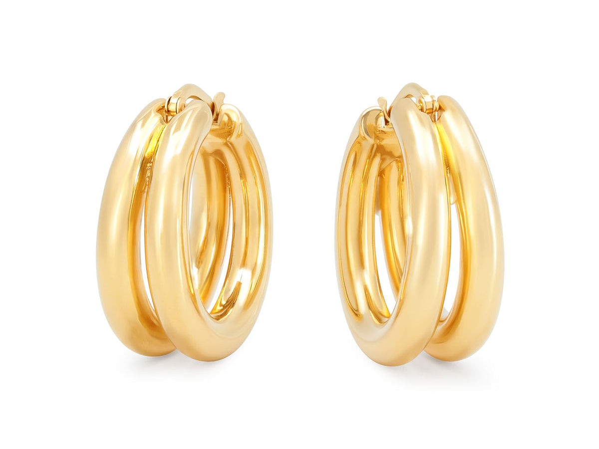 Pair of polished 18K yellow gold double hoop earrings