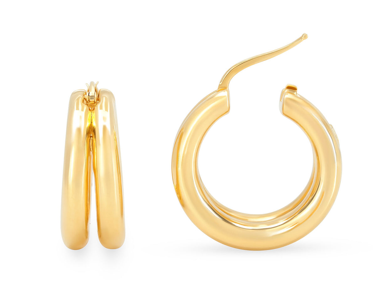 Polished 18K yellow gold double hoop earrings with posts