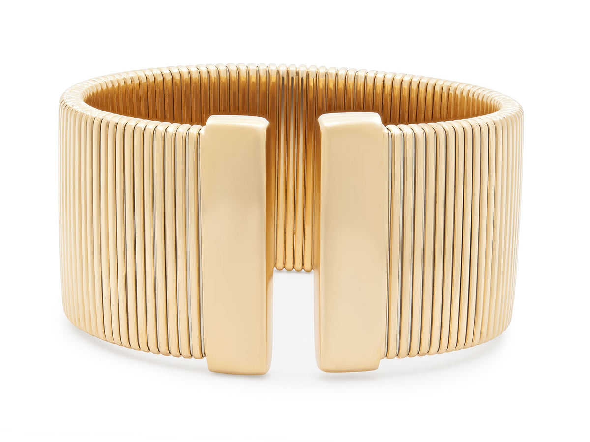 Wide 18K yellow gold tubogas cuff bracelet with polished terminals