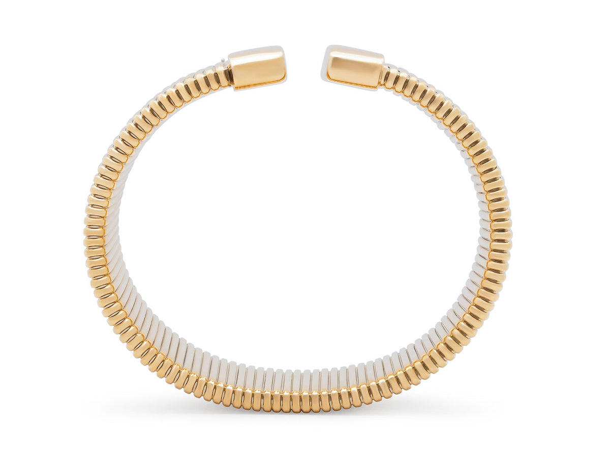 Wide 18K yellow gold Tubogas cuff bracelet with polished terminals