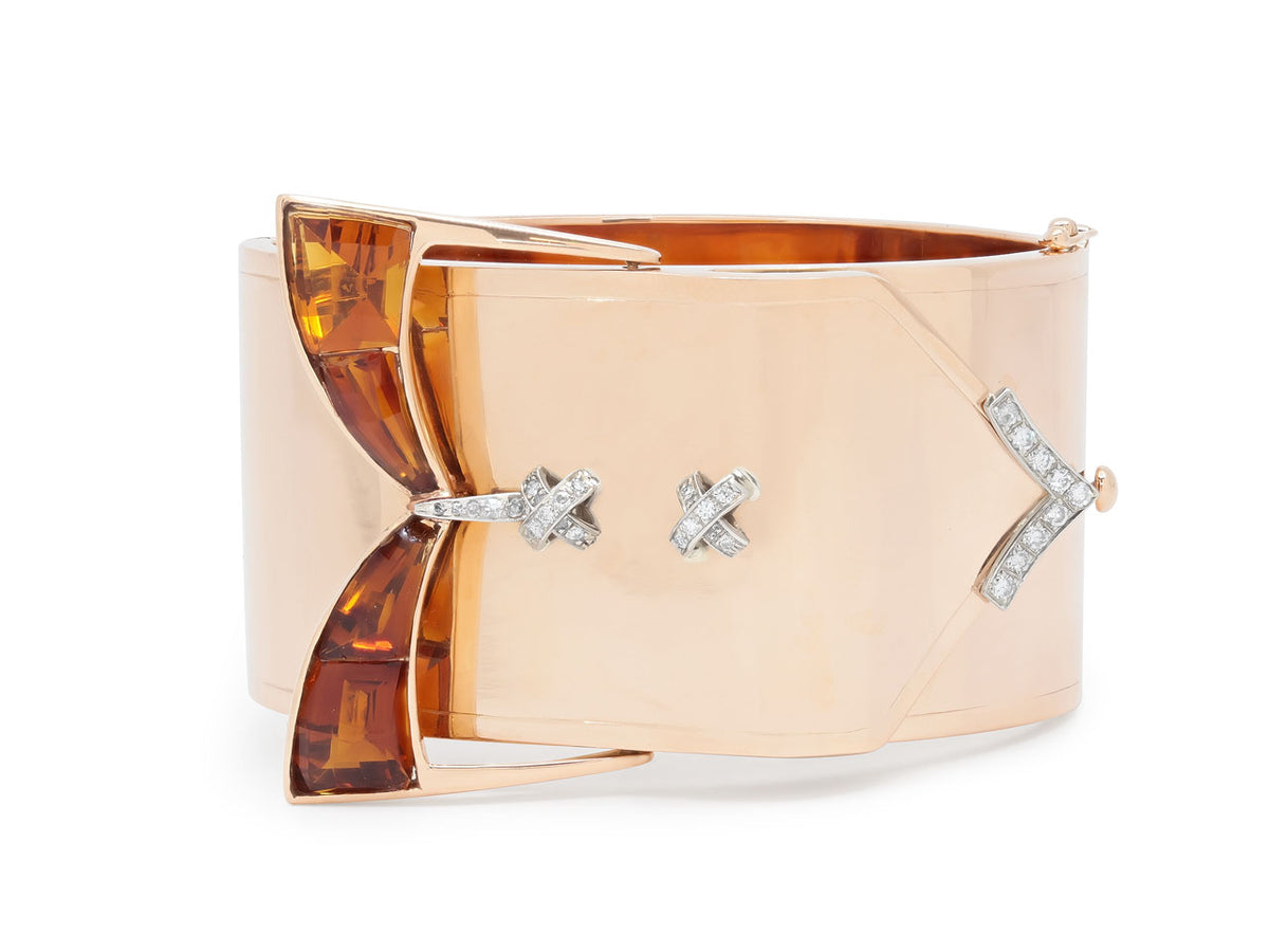 Wide rose gold cuff with citrine buckle and diamond accents
