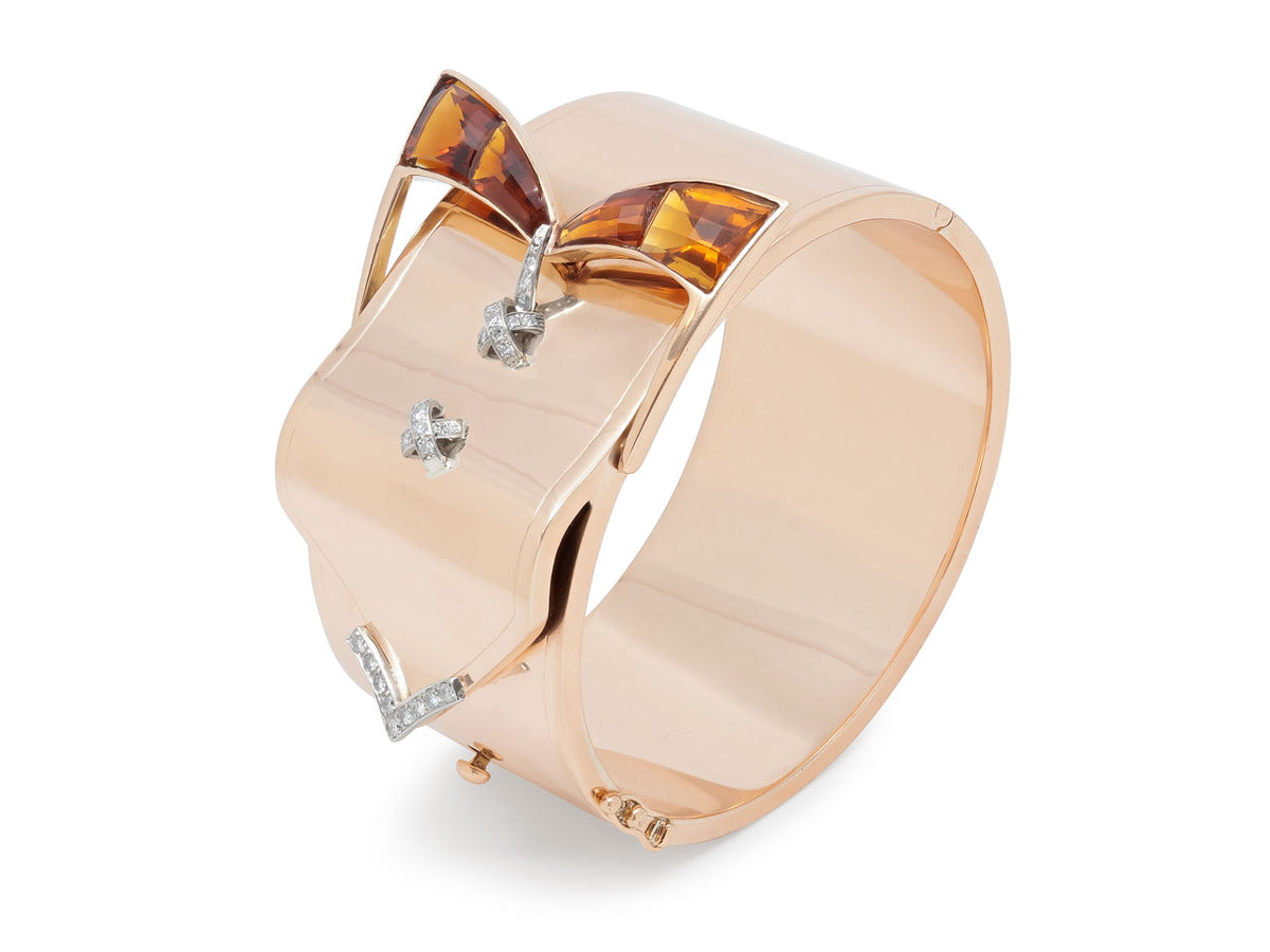 Rose gold cuff bracelet with citrine buckles and diamond accents