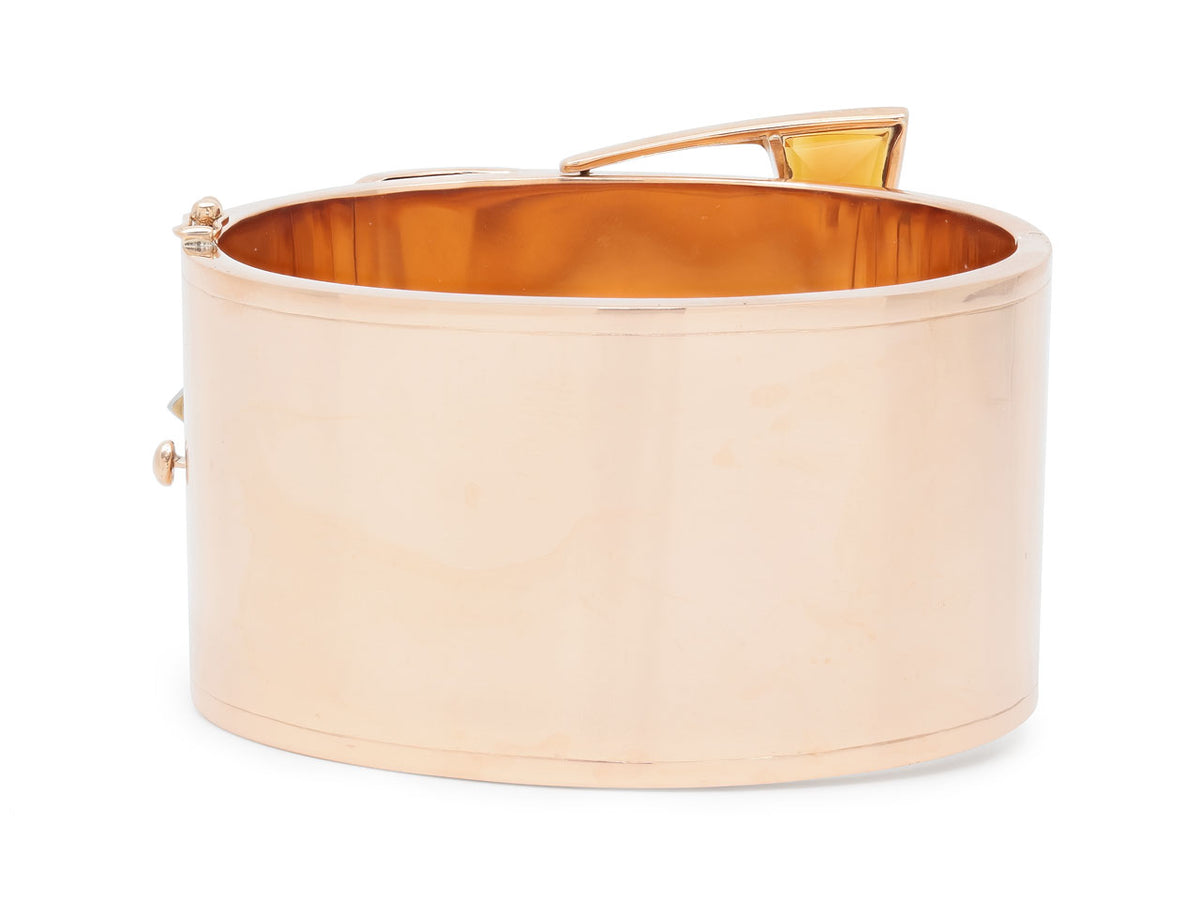 Wide rose gold cuff bracelet with hinged buckle closure