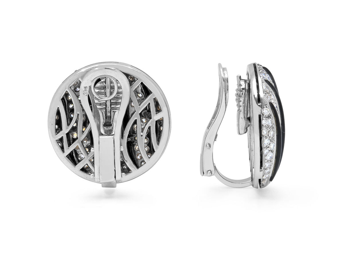 Diamond and onyx earrings in 18K white gold shown from back and side