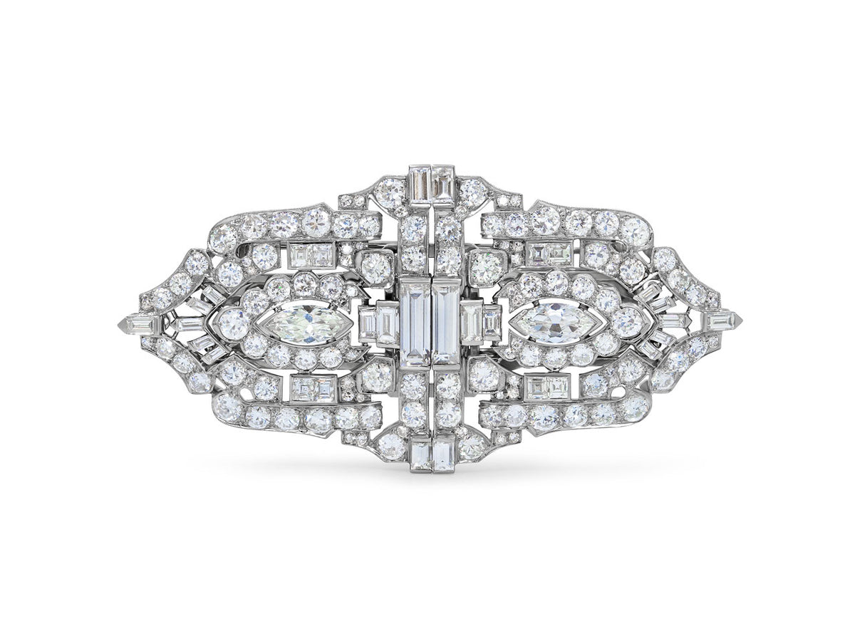 Art Deco platinum diamond double clip brooch