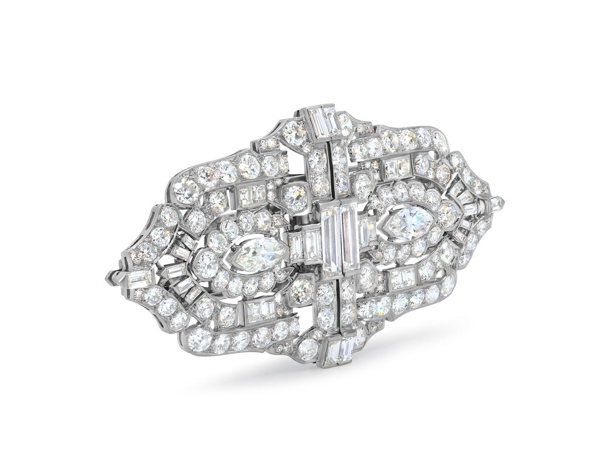 Art Deco diamond double clip brooch in platinum