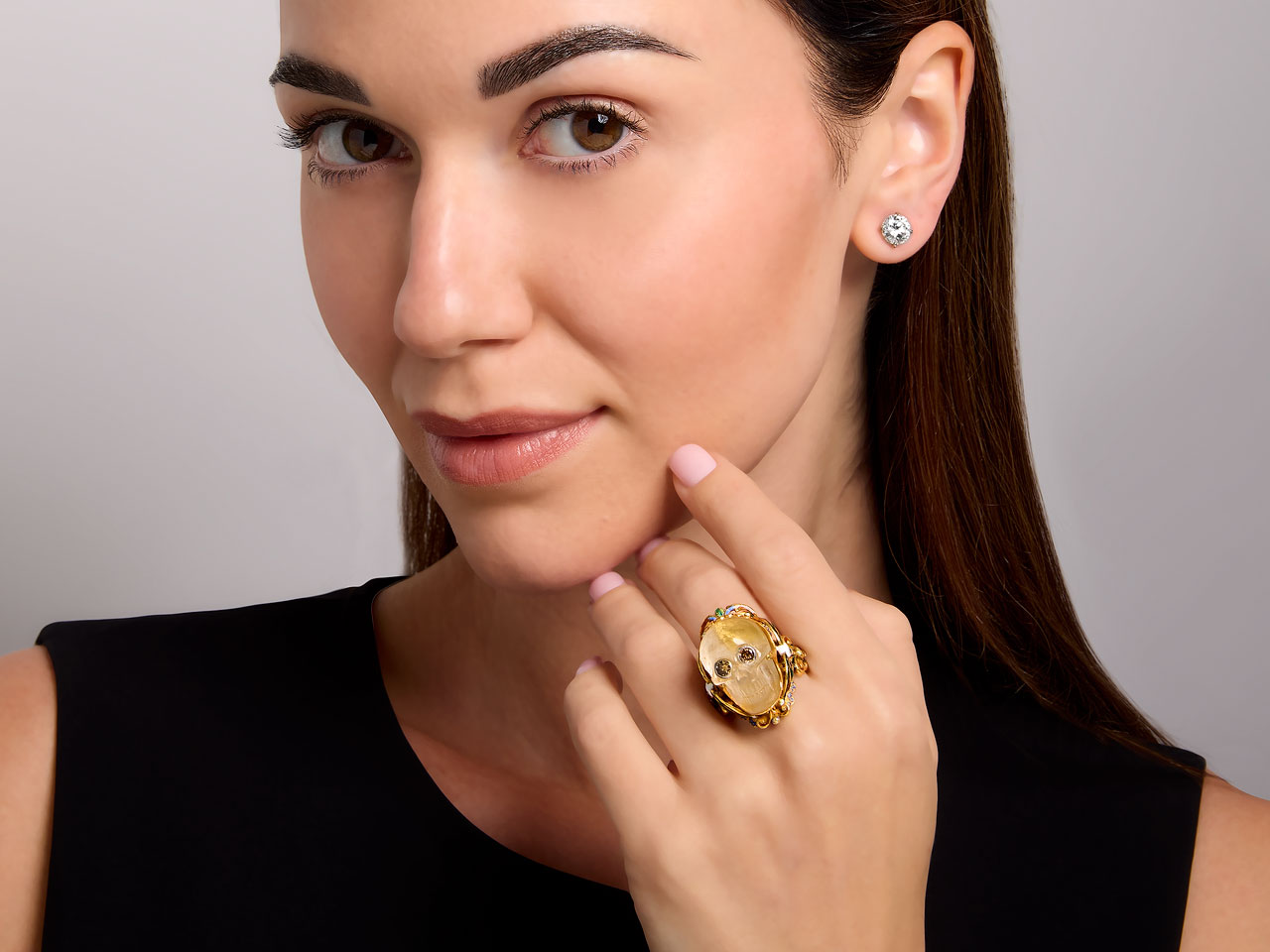 Codognato Diamond, Enamel and Carved Crystal Skull Ring in 18K Gold