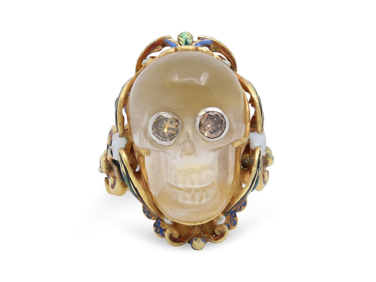 Codognato Diamond, Enamel and Carved Crystal Skull Ring in 18K Gold