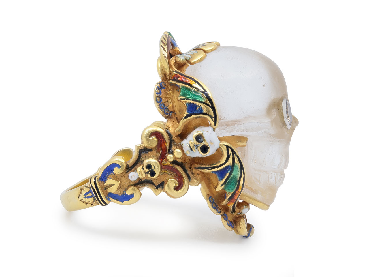 Codognato Diamond, Enamel and Carved Crystal Skull Ring in 18K Gold