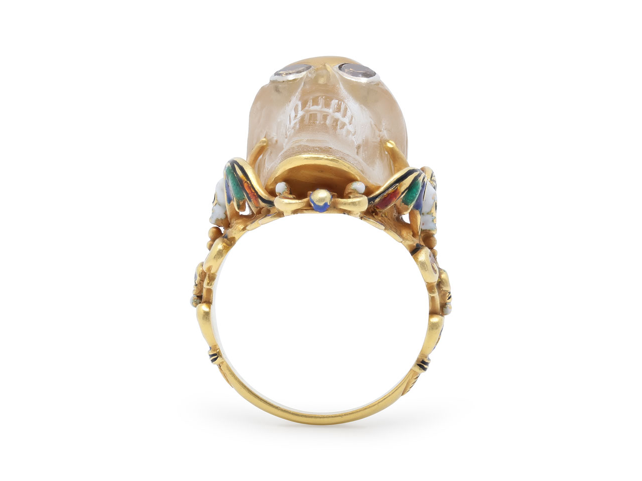 Codognato Diamond, Enamel and Carved Crystal Skull Ring in 18K Gold