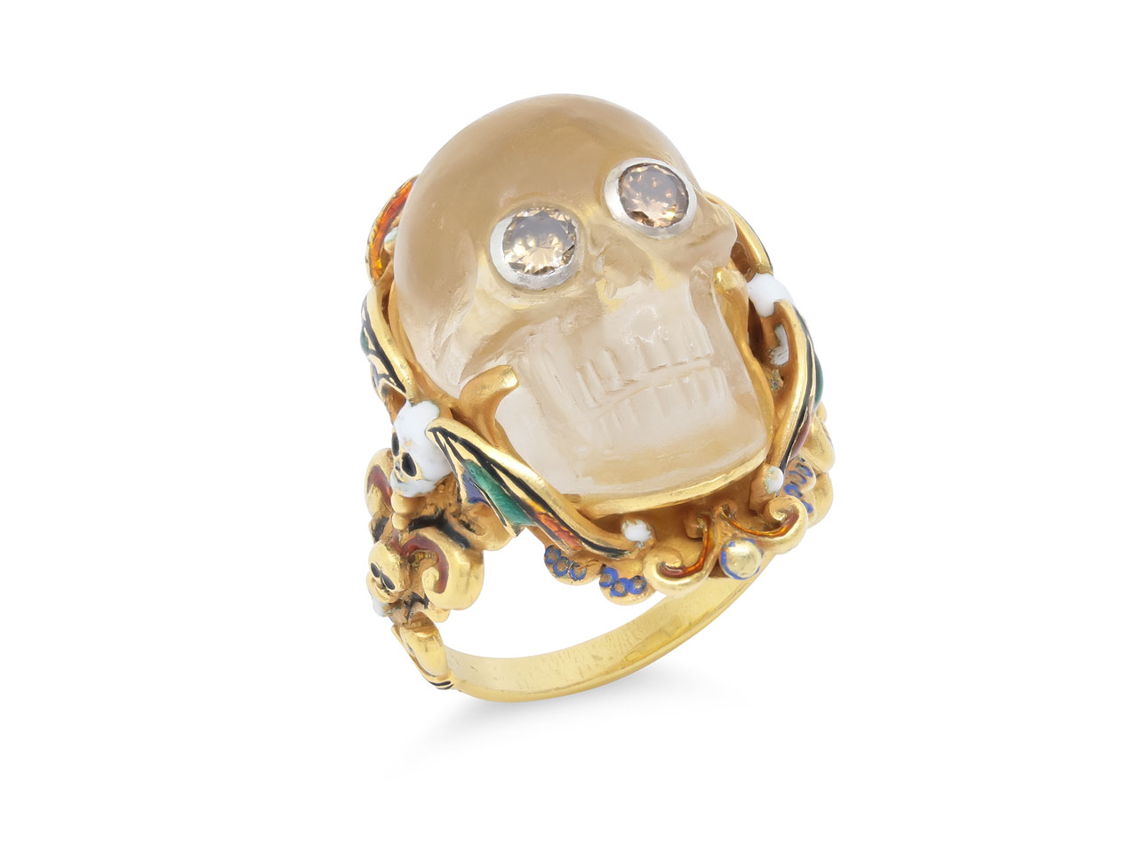 Codognato Diamond, Enamel and Carved Crystal Skull Ring in 18K Gold