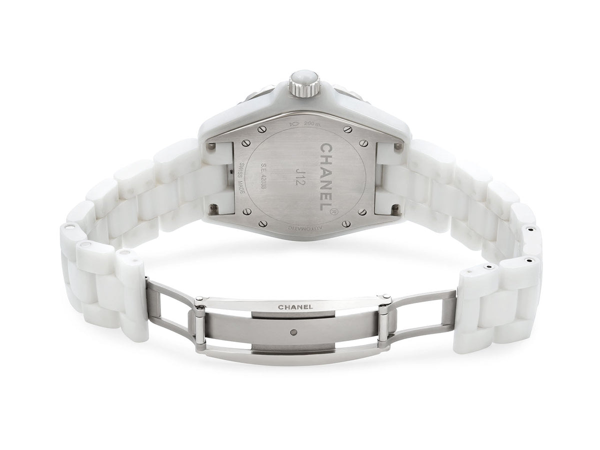 Back of Chanel J12 watch with white ceramic bracelet