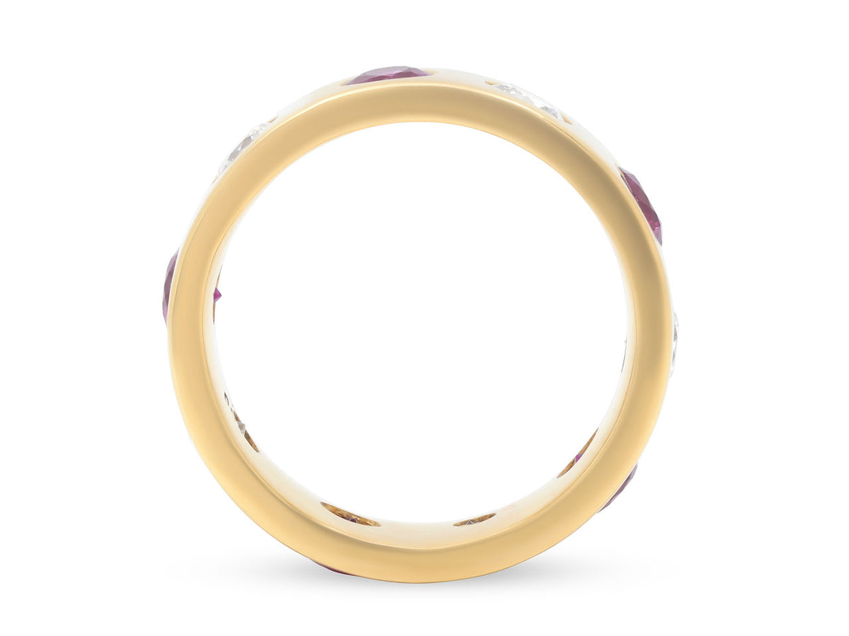 Rear view of an 18K yellow gold ruby and diamond ring