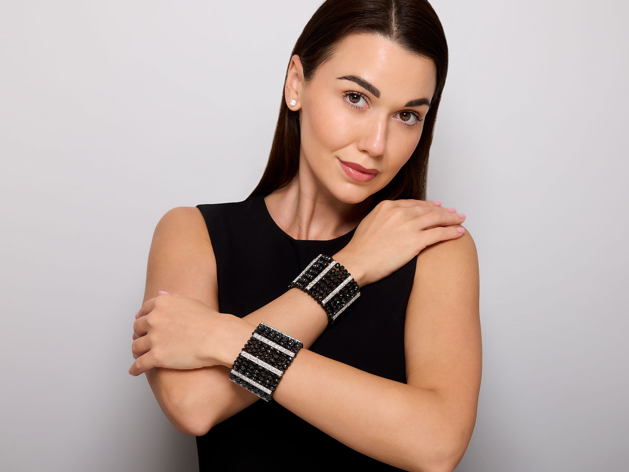 Set of Tallarico Onyx and Diamond Cuff Bracelets in 18K White Gold
