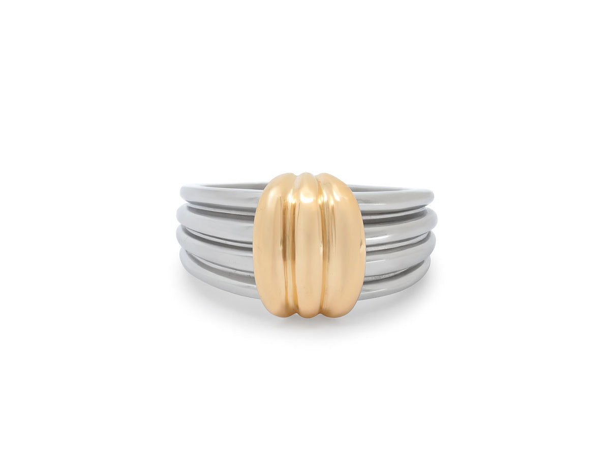 Van Cleef & Arpels Steel and 18K Gold Ring with fluted 18k yellow gold top and horizontally fluted steel band, photographed for Beladora