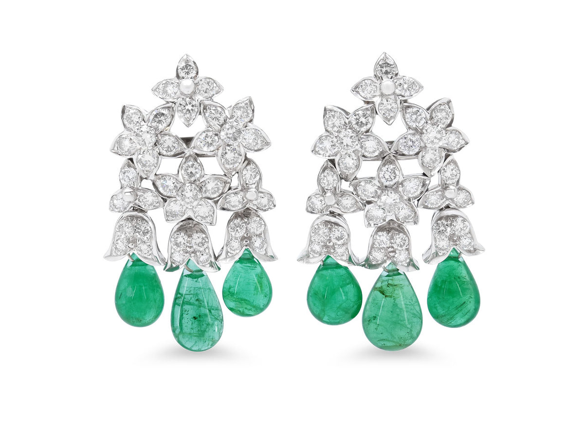 Diamond flower earrings with three emerald drops