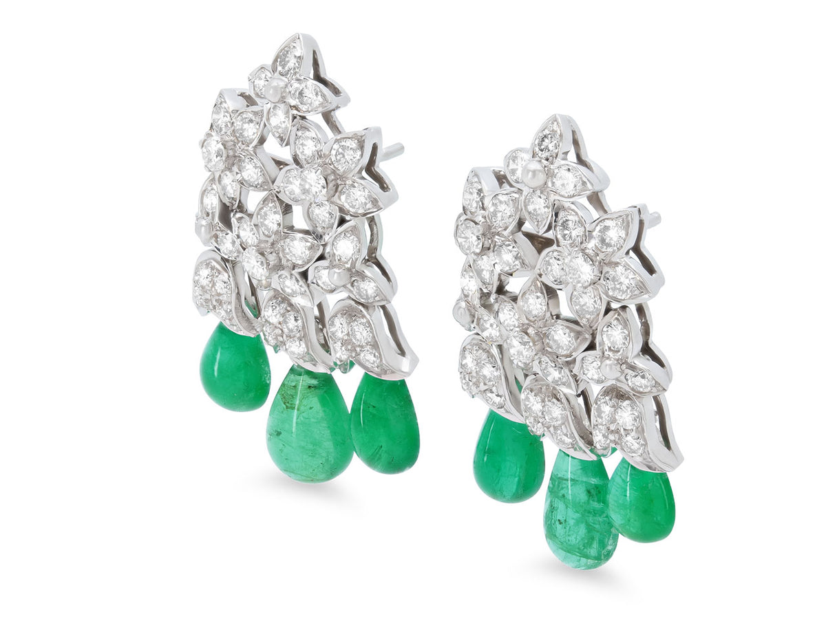 Diamond flower earrings with three emerald drops