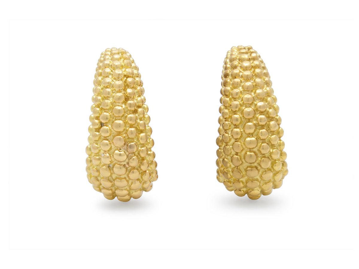 Pair of elongated beaded gold hoop earrings