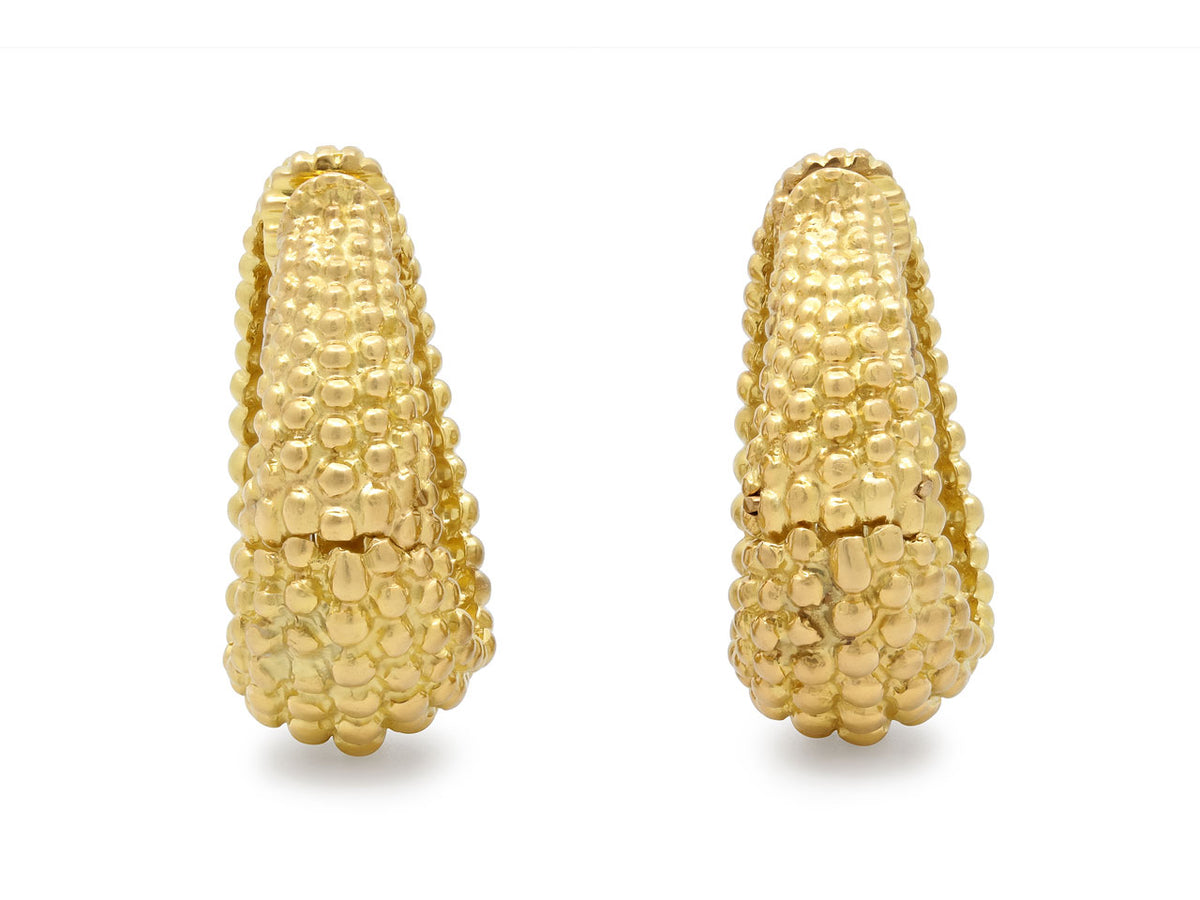 Elongated 18K gold beaded hoop earrings with graduated rows