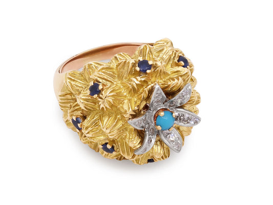 Mid-Century French Turquoise, Diamond and Sapphire Ring in 18K Gold