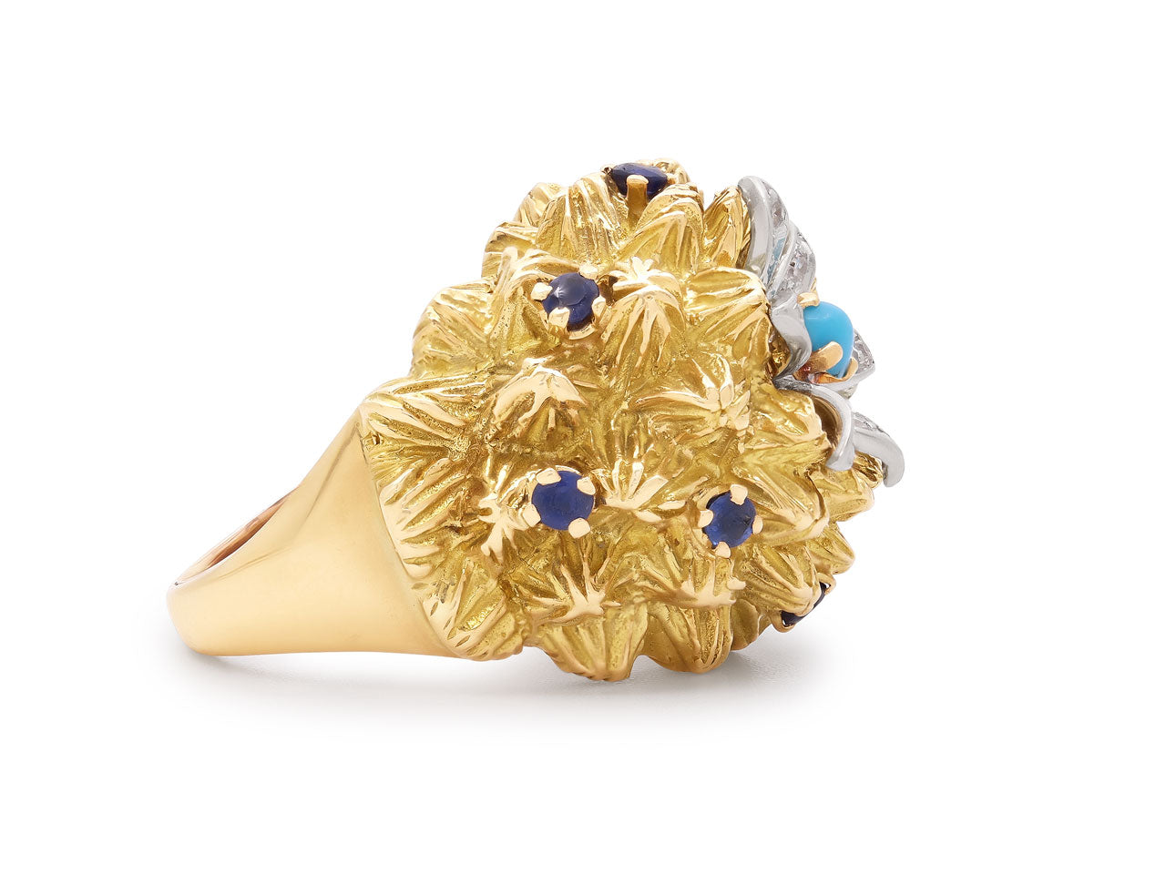Mid-Century French Turquoise, Diamond and Sapphire Ring in 18K Gold
