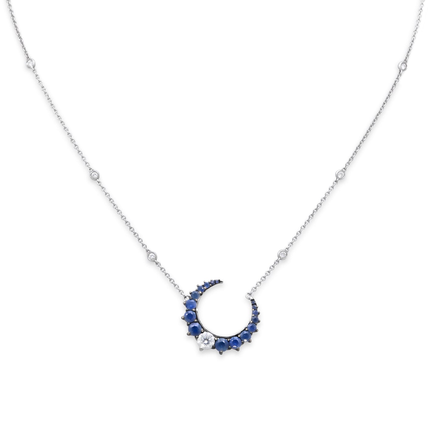Crivelli Diamond and Sapphire Crescent Necklace in 18K White Gold