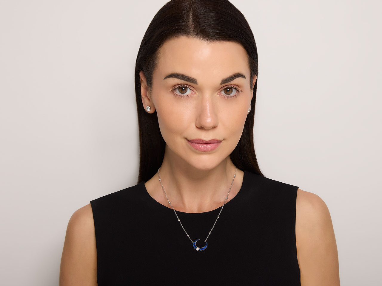 Crivelli Diamond and Sapphire Crescent Necklace in 18K White Gold