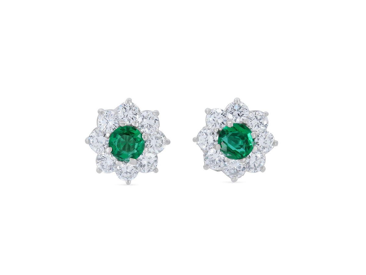 Emerald and Diamond Cluster Earrings in Platinum