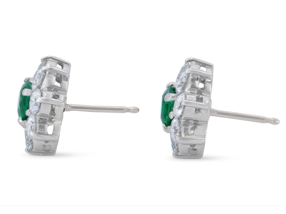 Emerald and Diamond Cluster Earrings in Platinum