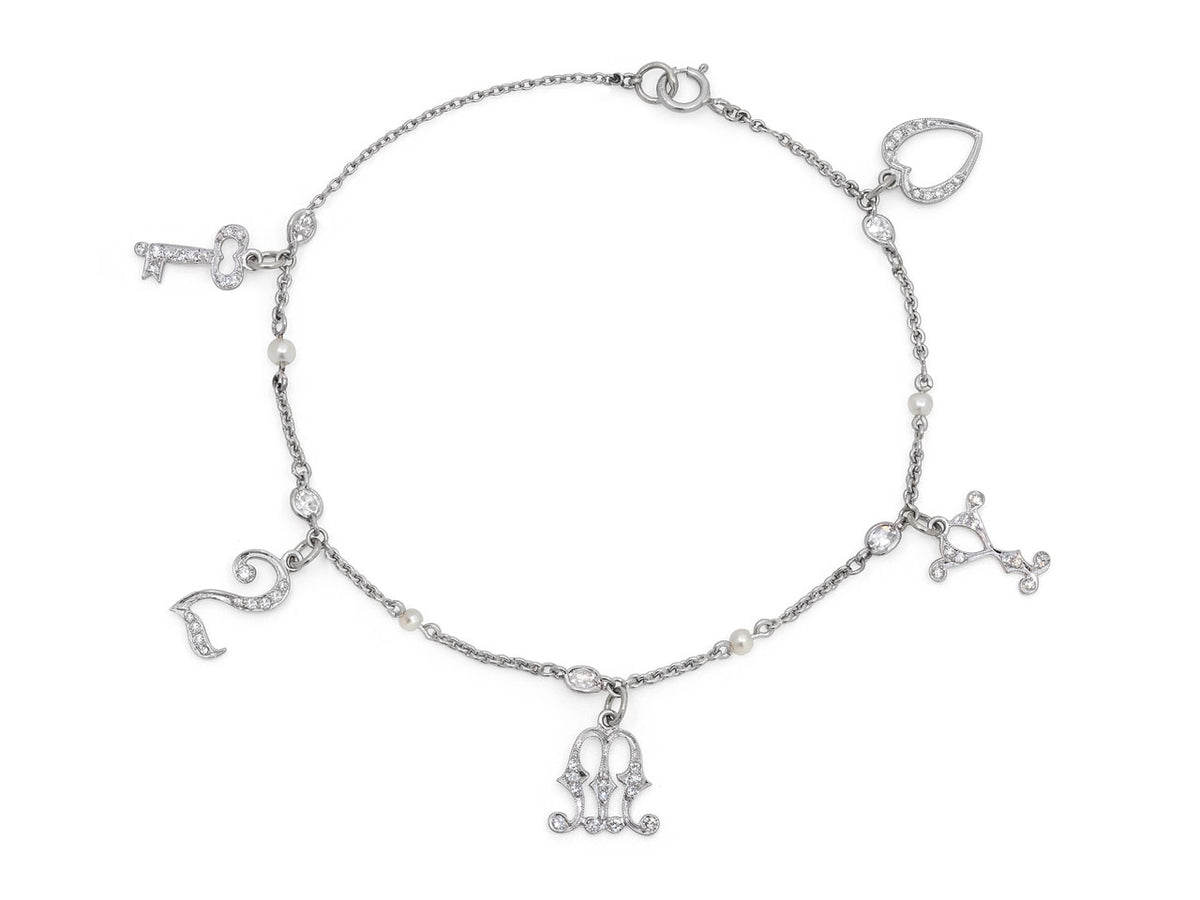 Art Deco 'Key to My Heart' Charm Bracelet, in Platinum