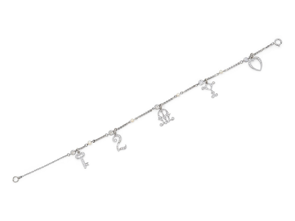 Art Deco 'Key to My Heart' Charm Bracelet, in Platinum
