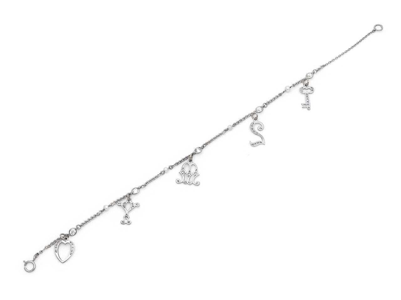 Art Deco 'Key to My Heart' Charm Bracelet, in Platinum