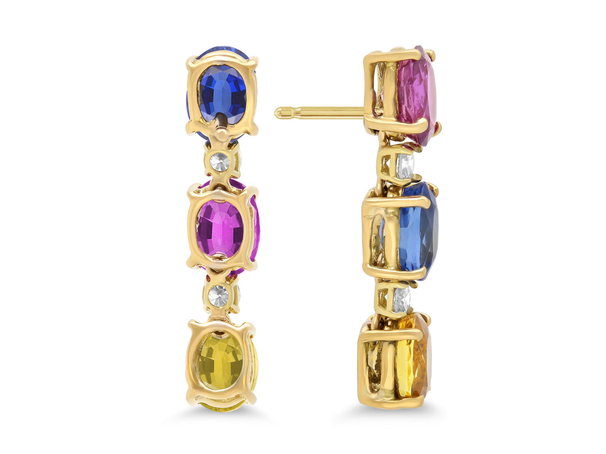 Beladora 'Reimagined' Multi-Color Sapphire Line Earrings in 18K Gold